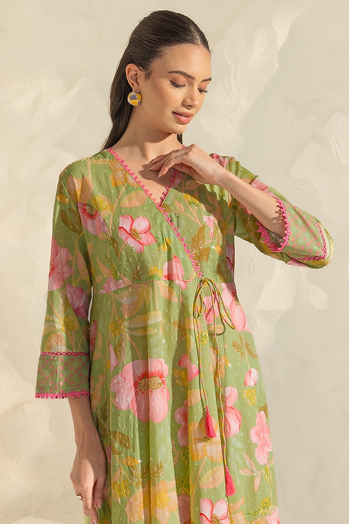 Green Cotton Dobby Floral Printed Angrakha Kurta Set by DOHR INDIA at Pernia's Pop Up Shop