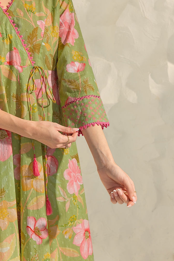 Green Cotton Dobby Floral Printed Angrakha Kurta Set by DOHR INDIA at Pernia's Pop Up Shop