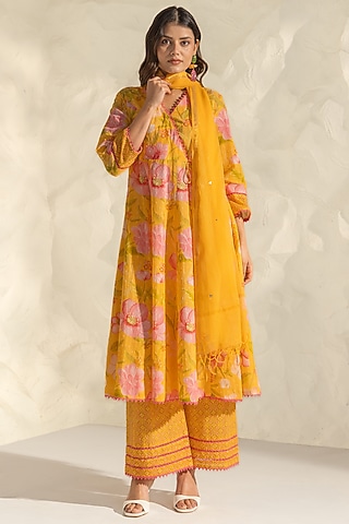 Yellow Cotton Dobby Floral Printed Angrakha Kurta Set by DOHR INDIA