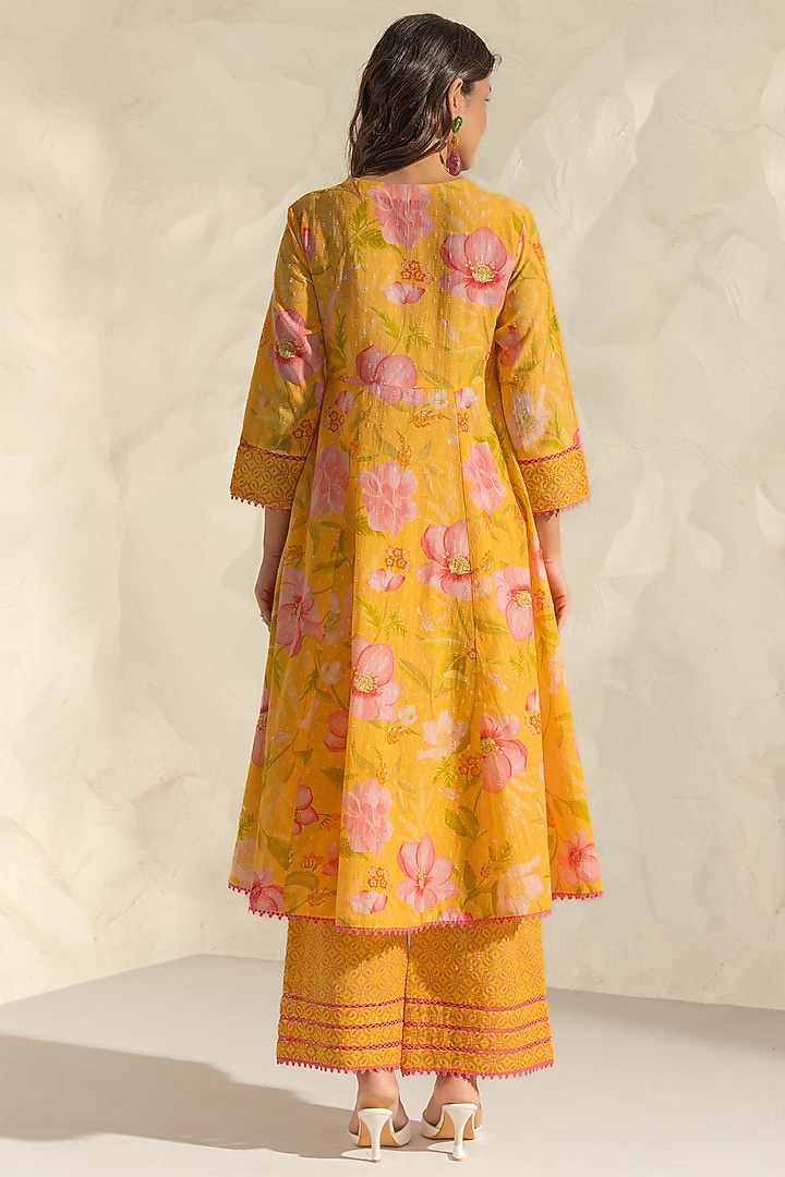 Yellow Cotton Dobby Floral Printed Angrakha Kurta Set by DOHR INDIA at Pernia's Pop Up Shop