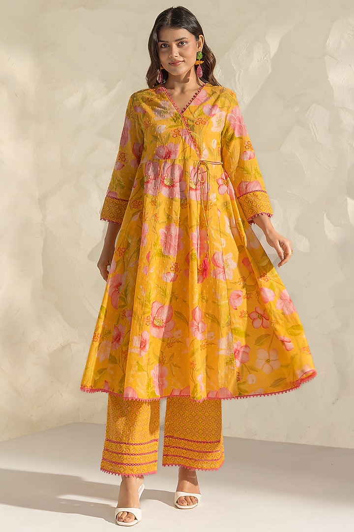 Yellow Cotton Dobby Floral Printed Angrakha Kurta Set by DOHR INDIA at Pernia's Pop Up Shop