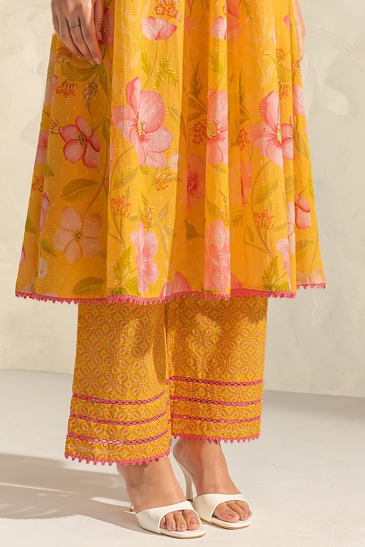 Yellow Cotton Dobby Floral Printed Angrakha Kurta Set by DOHR INDIA at Pernia's Pop Up Shop