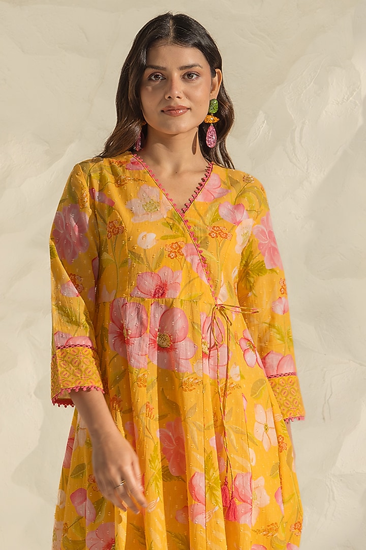 Yellow Cotton Dobby Floral Printed Angrakha Kurta Set by DOHR INDIA at Pernia's Pop Up Shop