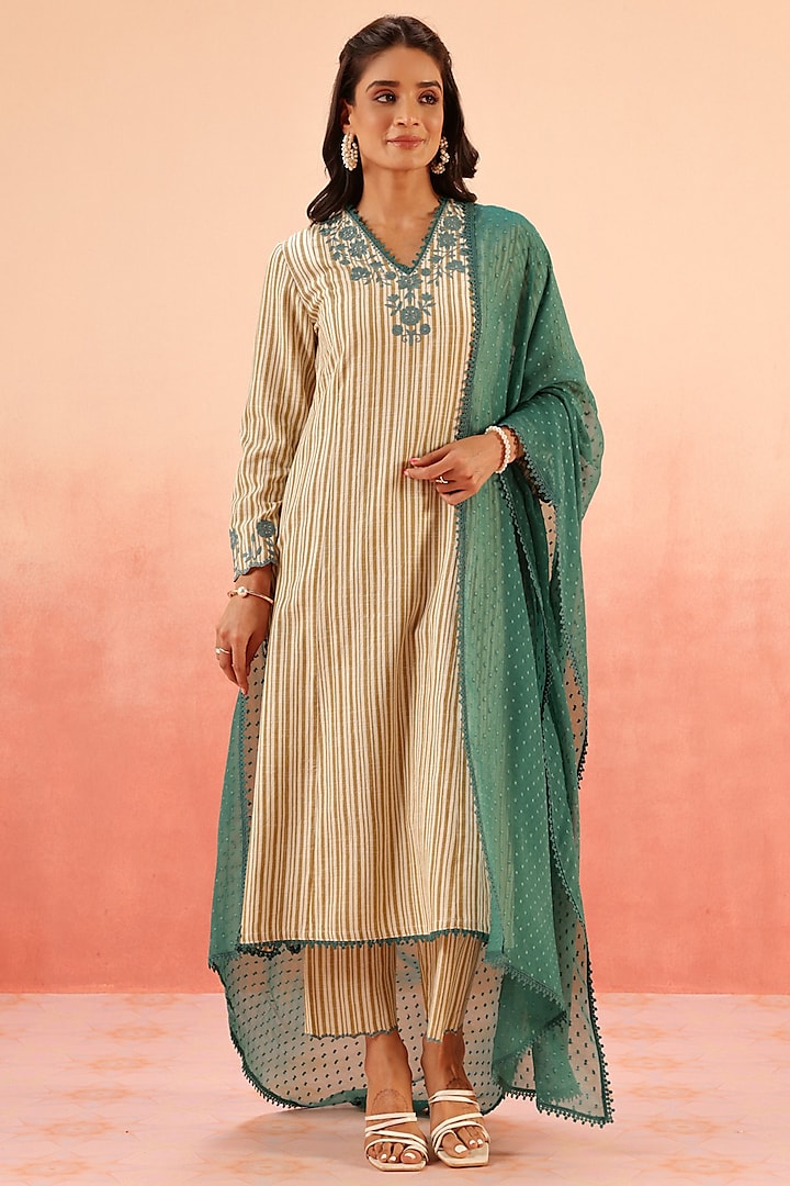 Mustard Cotton Slub Aari Embroidered Striped Kurta Set by DOHR INDIA at Pernia's Pop Up Shop