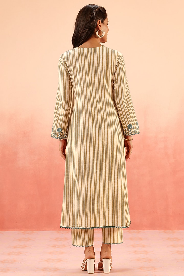 Mustard Cotton Slub Aari Embroidered Striped Kurta Set by DOHR INDIA at Pernia's Pop Up Shop