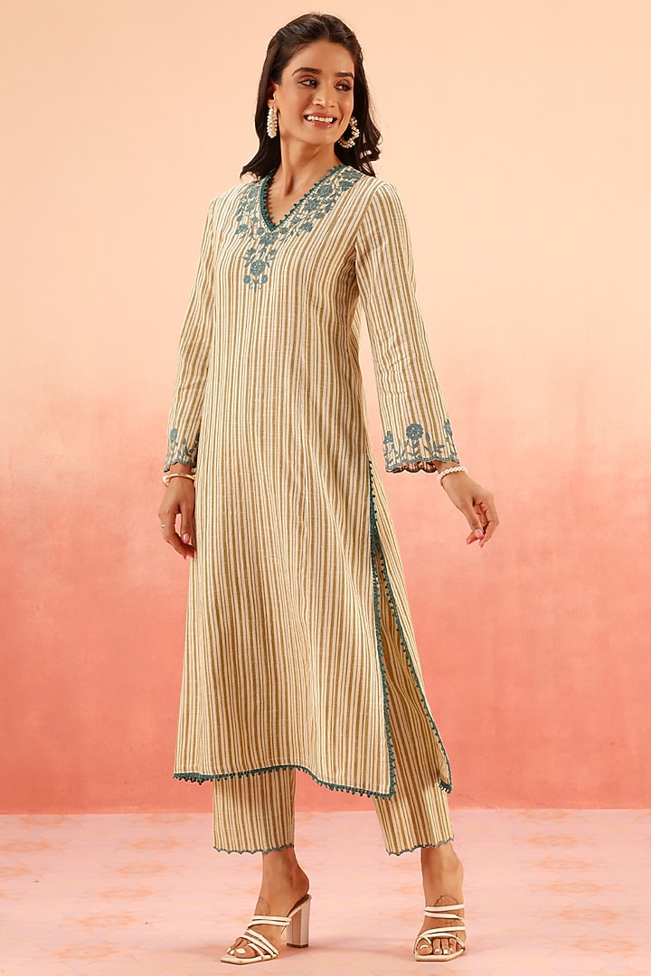 Mustard Cotton Slub Aari Embroidered Striped Kurta Set by DOHR INDIA at Pernia's Pop Up Shop