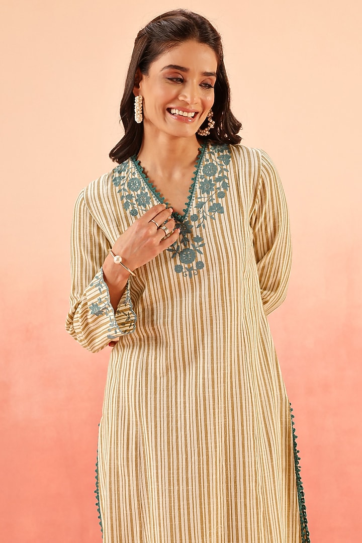 Mustard Cotton Slub Aari Embroidered Striped Kurta Set by DOHR INDIA at Pernia's Pop Up Shop