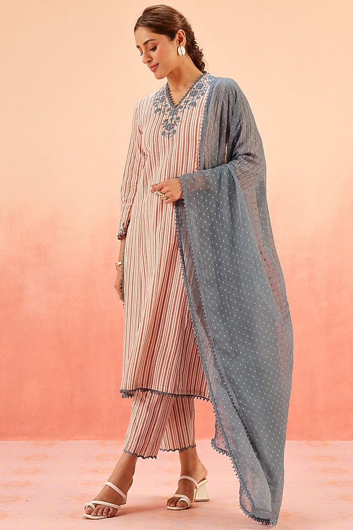Red Cotton Slub Aari Embroidered Striped Kurta Set by DOHR INDIA at Pernia's Pop Up Shop