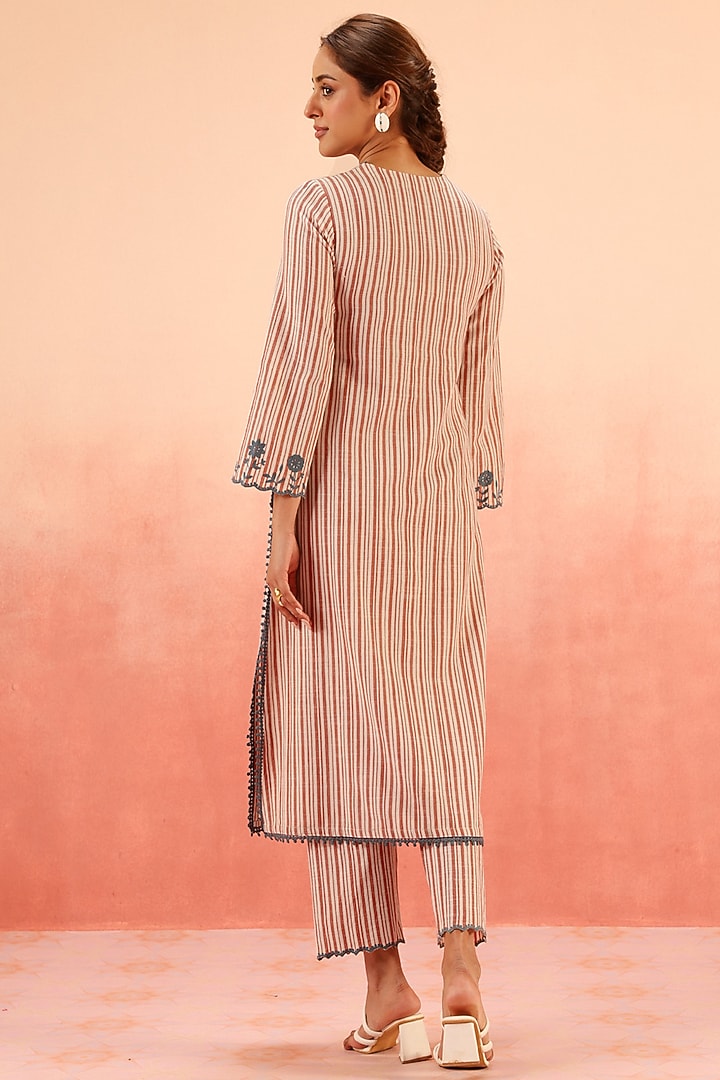 Red Cotton Slub Aari Embroidered Striped Kurta Set by DOHR INDIA at Pernia's Pop Up Shop