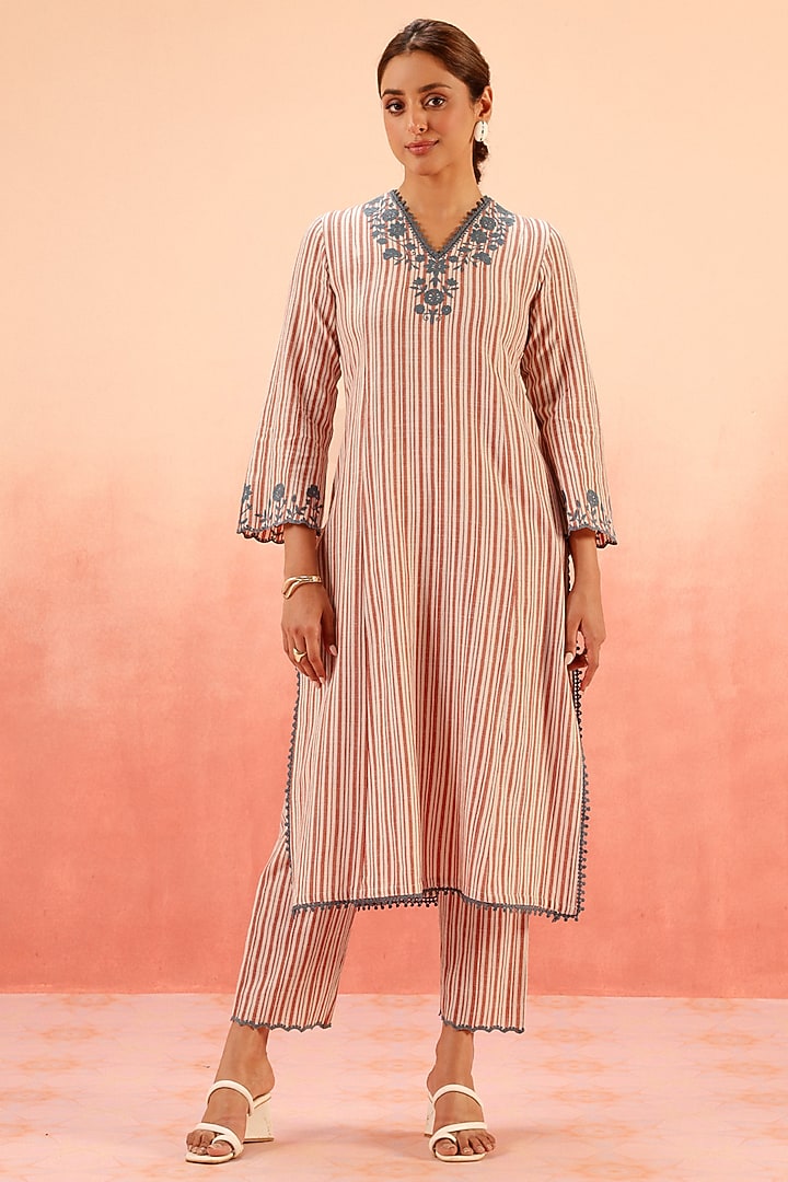 Red Cotton Slub Aari Embroidered Striped Kurta Set by DOHR INDIA at Pernia's Pop Up Shop