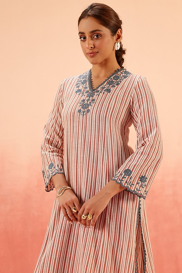 Red Cotton Slub Aari Embroidered Striped Kurta Set by DOHR INDIA at Pernia's Pop Up Shop