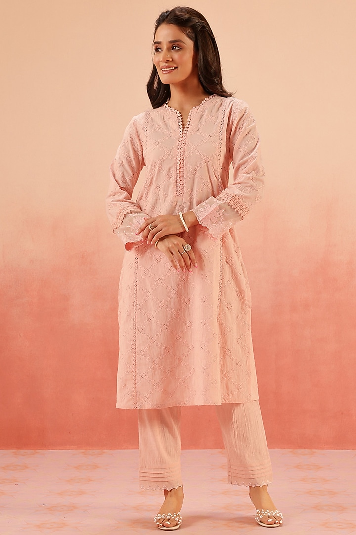 Pink Cotton Schiffli Embroidered Kurta Set by DOHR INDIA at Pernia's Pop Up Shop