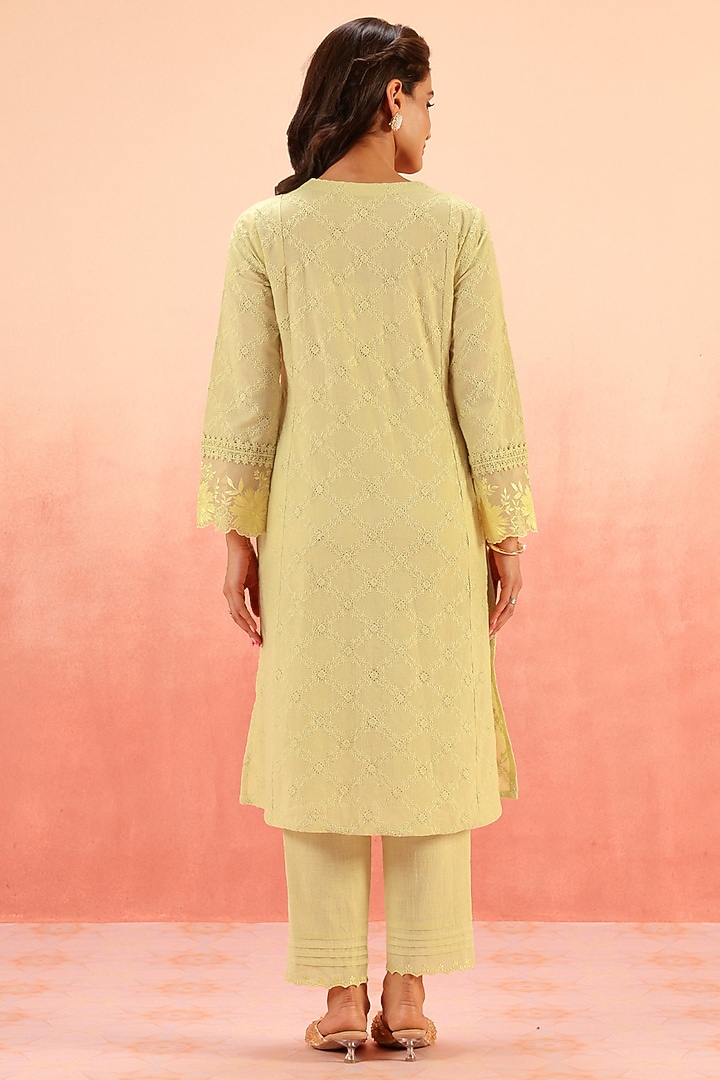 Green Cotton Schiffli Embroidered Kurta Set by DOHR INDIA at Pernia's Pop Up Shop
