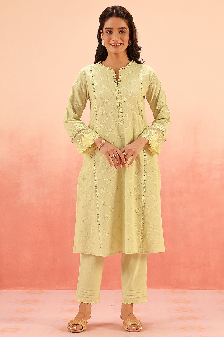 Green Cotton Schiffli Embroidered Kurta Set by DOHR INDIA at Pernia's Pop Up Shop