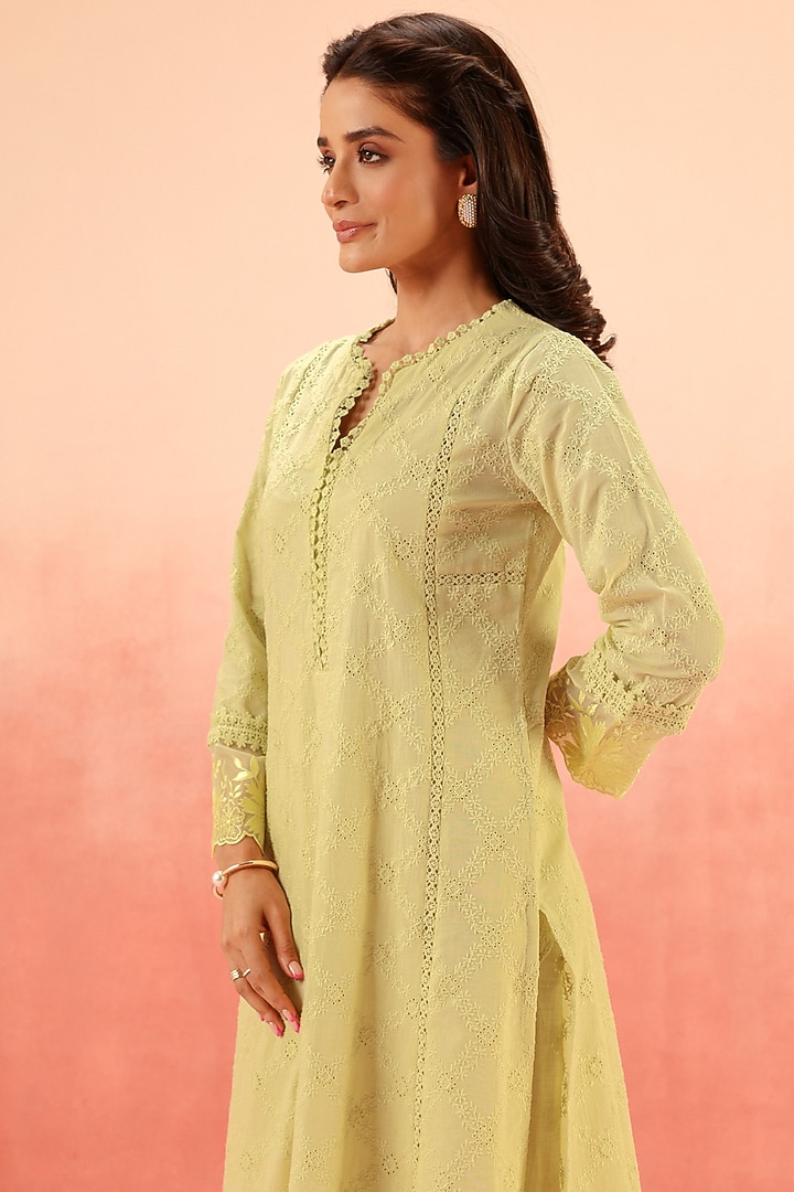 Green Cotton Schiffli Embroidered Kurta Set by DOHR INDIA at Pernia's Pop Up Shop
