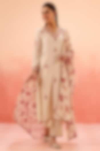 Beige Cotton Blend Jacquard Aari Embroidered A-Line Kurta Set by DOHR INDIA at Pernia's Pop Up Shop