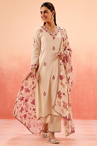 Beige Cotton Blend Jacquard Aari Embroidered A-Line Kurta Set by DOHR INDIA