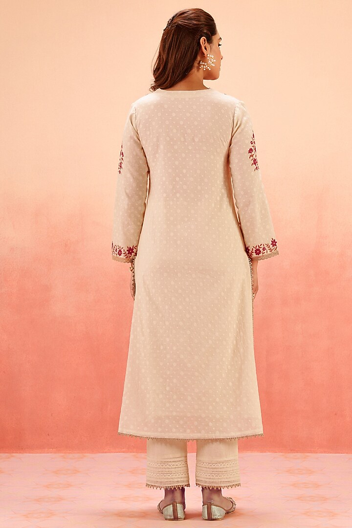 Beige Cotton Blend Jacquard Aari Embroidered A-Line Kurta Set by DOHR INDIA at Pernia's Pop Up Shop