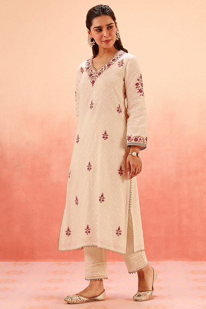 Beige Cotton Blend Jacquard Aari Embroidered A-Line Kurta Set by DOHR INDIA at Pernia's Pop Up Shop