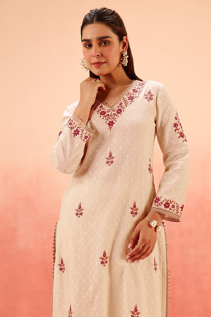 Beige Cotton Blend Jacquard Aari Embroidered A-Line Kurta Set by DOHR INDIA at Pernia's Pop Up Shop