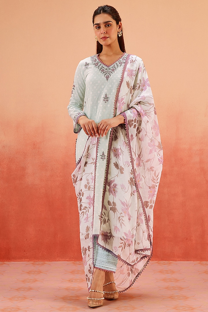 Ice Blue Cotton Blend Jacquard Aari Embroidered Kurta Set by DOHR INDIA at Pernia's Pop Up Shop