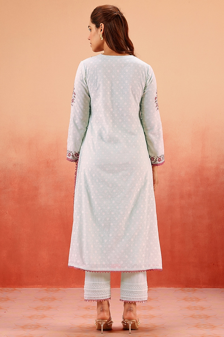 Ice Blue Cotton Blend Jacquard Aari Embroidered Kurta Set by DOHR INDIA at Pernia's Pop Up Shop