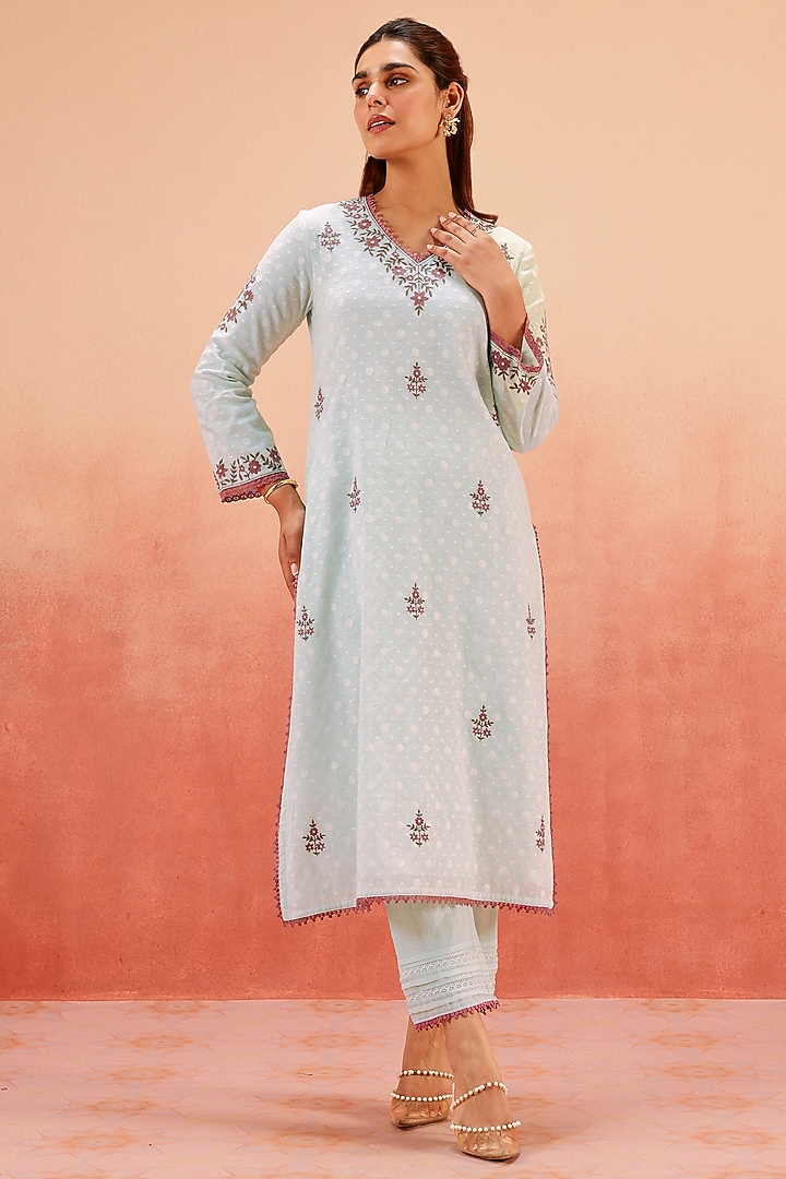 Ice Blue Cotton Blend Jacquard Aari Embroidered Kurta Set by DOHR INDIA at Pernia's Pop Up Shop