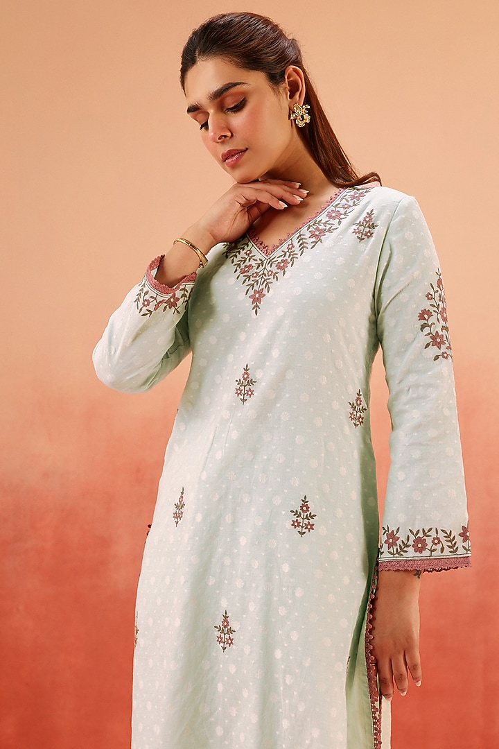 Ice Blue Cotton Blend Jacquard Aari Embroidered Kurta Set by DOHR INDIA at Pernia's Pop Up Shop