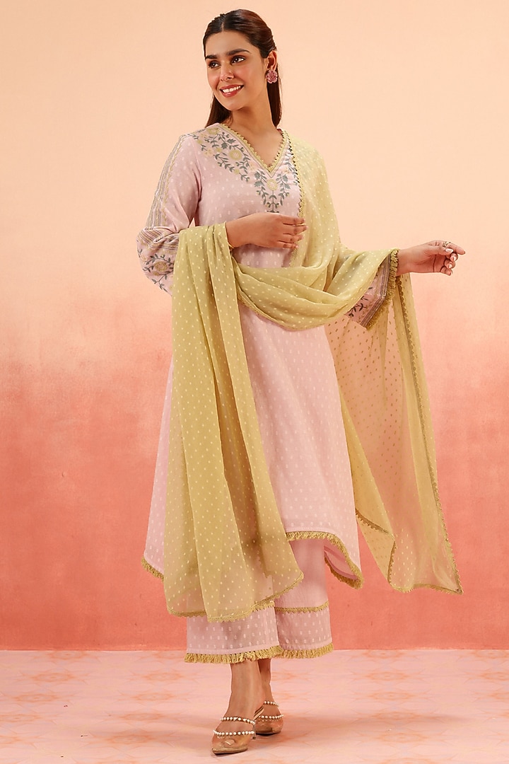 Lilac Cotton Blend Jacquard Embroidered A-Line Kurta Set by DOHR INDIA at Pernia's Pop Up Shop