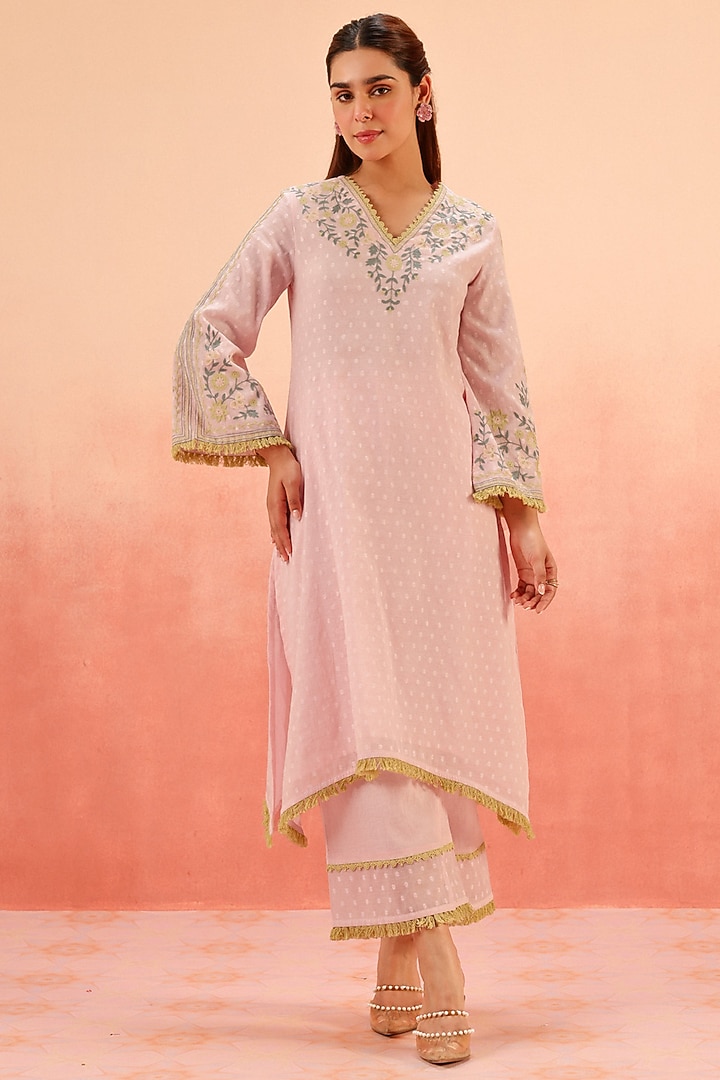 Lilac Cotton Blend Jacquard Embroidered A-Line Kurta Set by DOHR INDIA at Pernia's Pop Up Shop