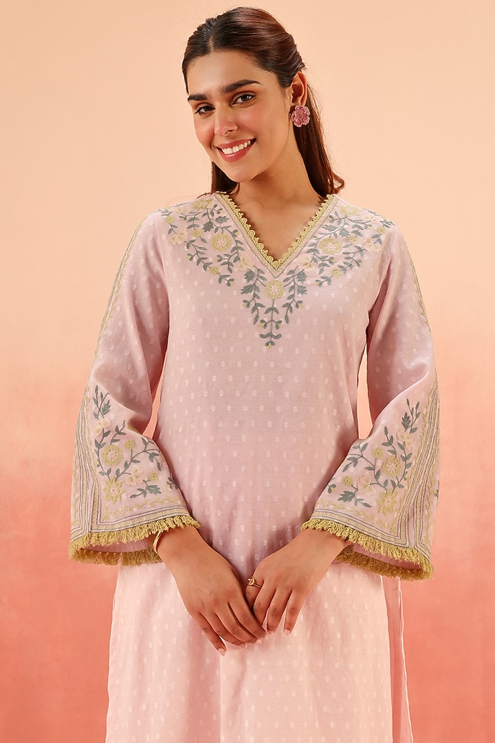 Lilac Cotton Blend Jacquard Embroidered A-Line Kurta Set by DOHR INDIA at Pernia's Pop Up Shop