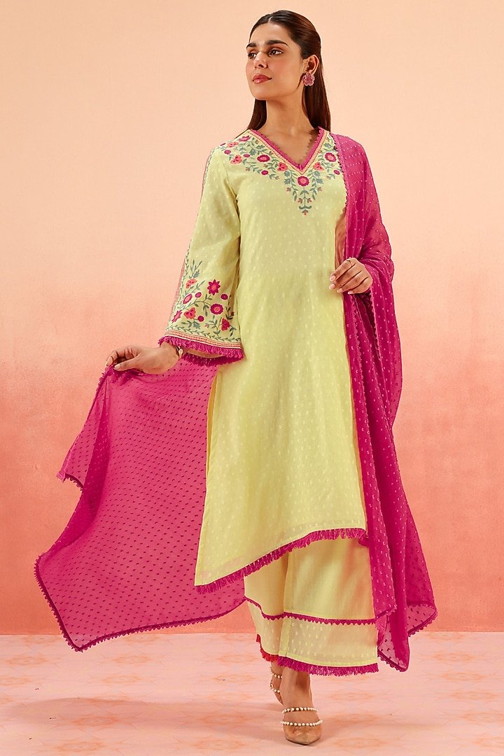 Lime Cotton Blend Jacquard Embroidered A-Line Kurta Set by DOHR INDIA at Pernia's Pop Up Shop