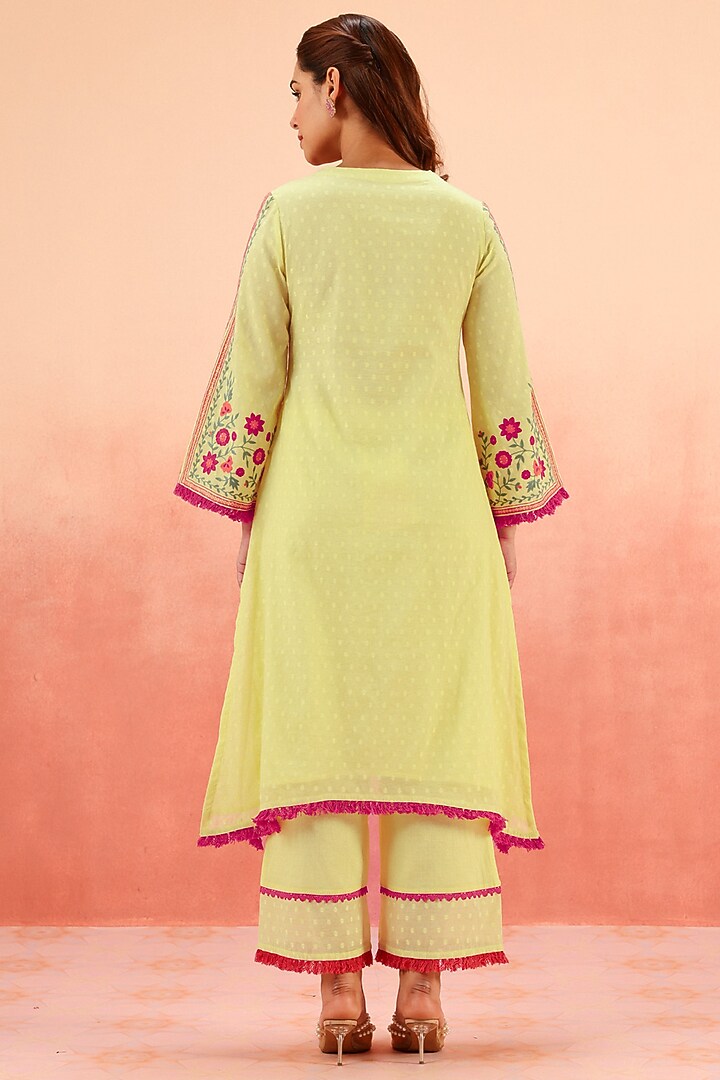 Lime Cotton Blend Jacquard Embroidered A-Line Kurta Set by DOHR INDIA at Pernia's Pop Up Shop