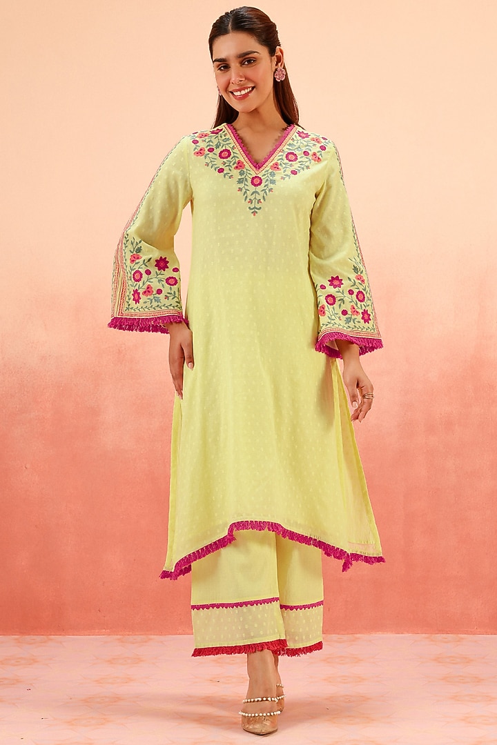 Lime Cotton Blend Jacquard Embroidered A-Line Kurta Set by DOHR INDIA at Pernia's Pop Up Shop