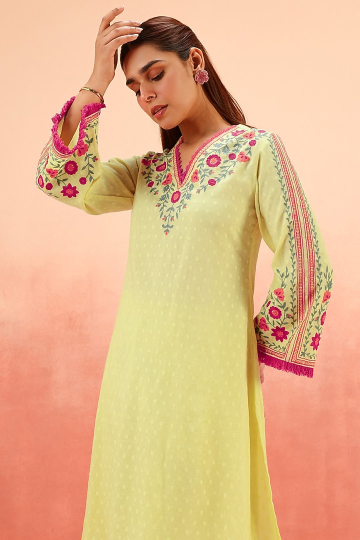Lime Cotton Blend Jacquard Embroidered A-Line Kurta Set by DOHR INDIA at Pernia's Pop Up Shop