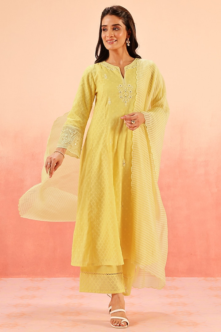 Yellow Cotton Blend Jacquard Dori Embroidered A-Line Kurta Set by DOHR INDIA at Pernia's Pop Up Shop