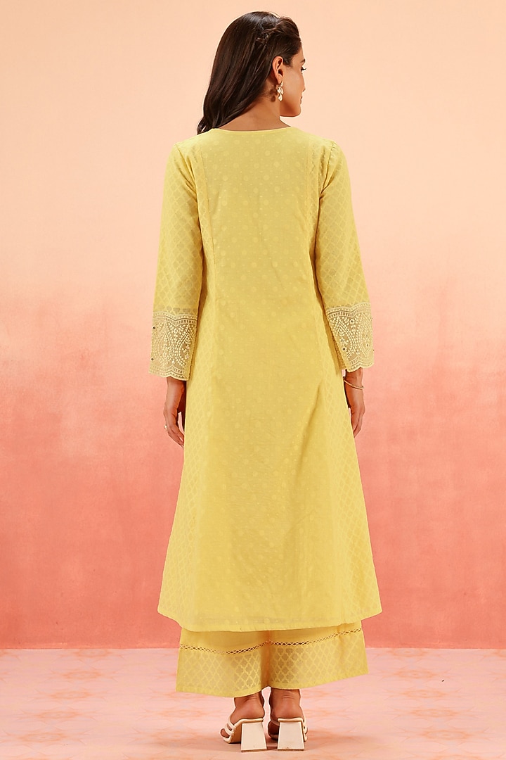 Yellow Cotton Blend Jacquard Dori Embroidered A-Line Kurta Set by DOHR INDIA at Pernia's Pop Up Shop