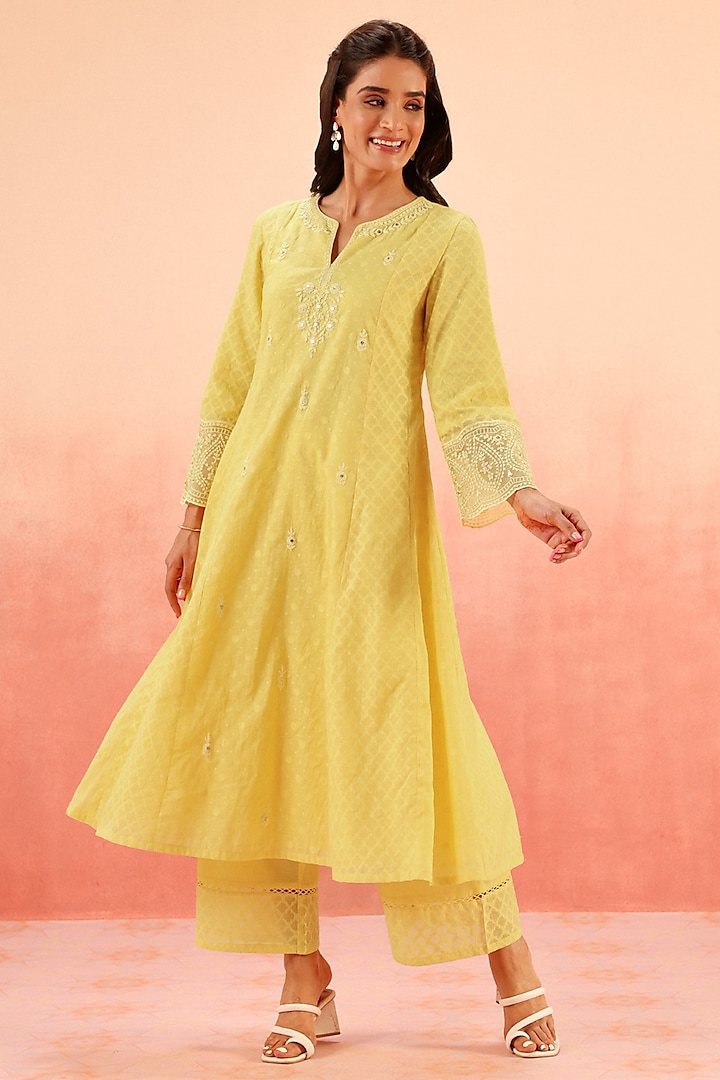 Yellow Cotton Blend Jacquard Dori Embroidered A-Line Kurta Set by DOHR INDIA at Pernia's Pop Up Shop