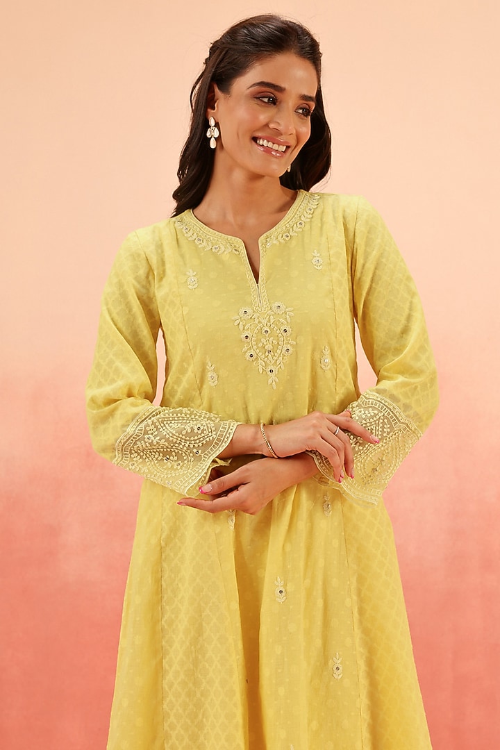 Yellow Cotton Blend Jacquard Dori Embroidered A-Line Kurta Set by DOHR INDIA at Pernia's Pop Up Shop