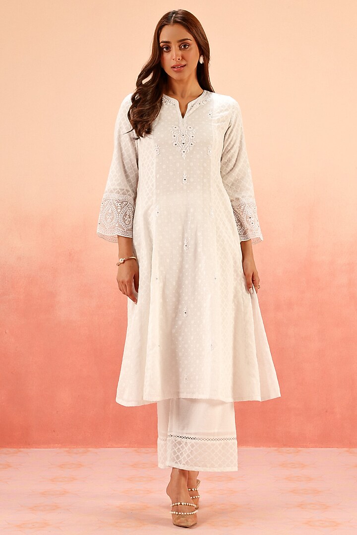 Pink Cotton Blend Jacquard Dori Embroidered A-Line Kurta Set by DOHR INDIA at Pernia's Pop Up Shop