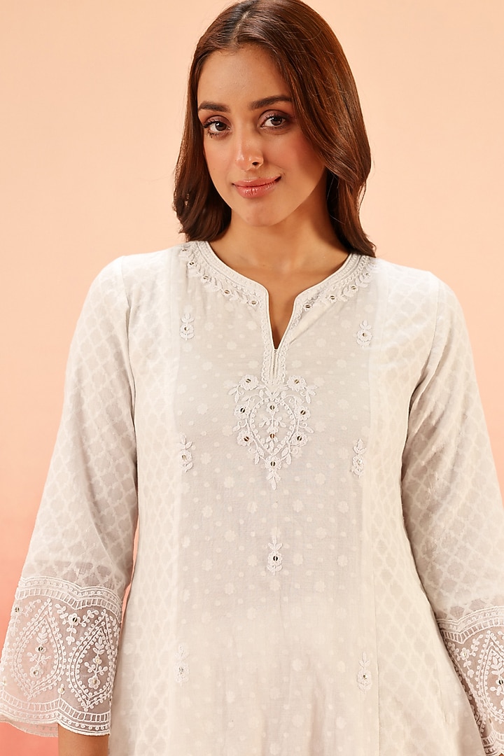 Pink Cotton Blend Jacquard Dori Embroidered A-Line Kurta Set by DOHR INDIA at Pernia's Pop Up Shop