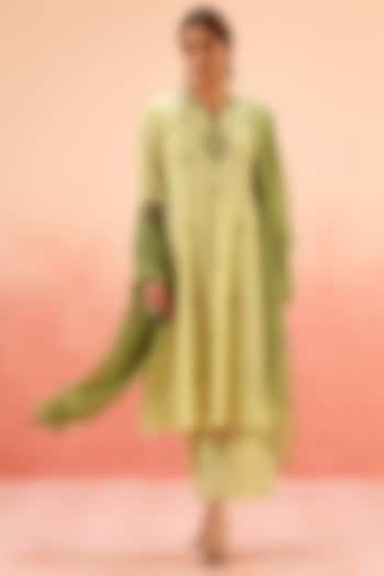 Green Cotton Blend Jacquard Dori Embroidered A-Line Kurta Set by DOHR INDIA at Pernia's Pop Up Shop