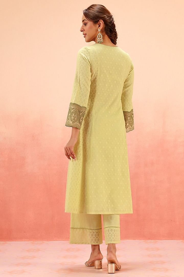 Green Cotton Blend Jacquard Dori Embroidered A-Line Kurta Set by DOHR INDIA at Pernia's Pop Up Shop