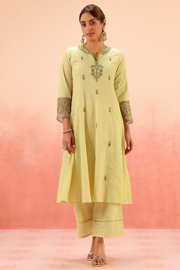 Green Cotton Blend Jacquard Dori Embroidered A-Line Kurta Set by DOHR INDIA at Pernia's Pop Up Shop