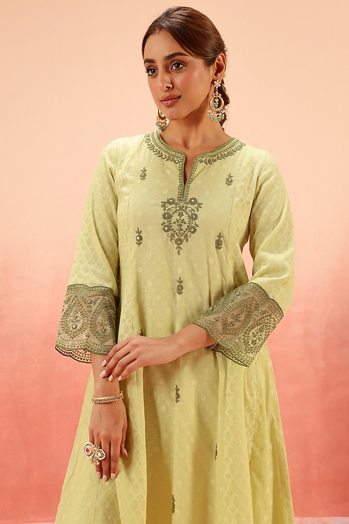 Green Cotton Blend Jacquard Dori Embroidered A-Line Kurta Set by DOHR INDIA at Pernia's Pop Up Shop