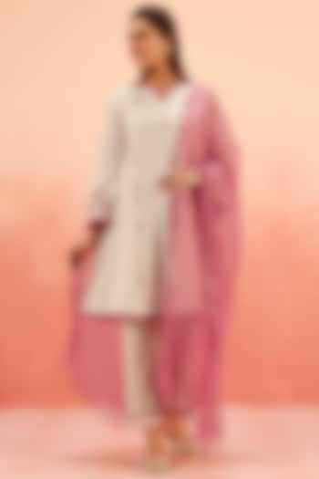 Beige Cotton Flax Striped Short A-Line Kurta Set by DOHR INDIA at Pernia's Pop Up Shop