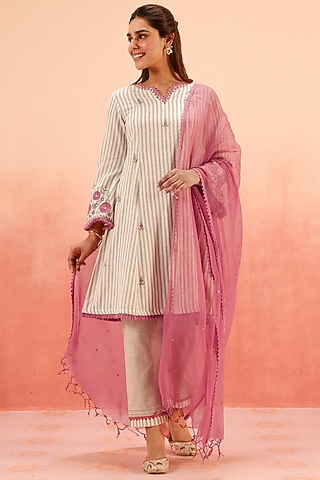 Beige Cotton Flax Striped Short A-Line Kurta Set by DOHR INDIA