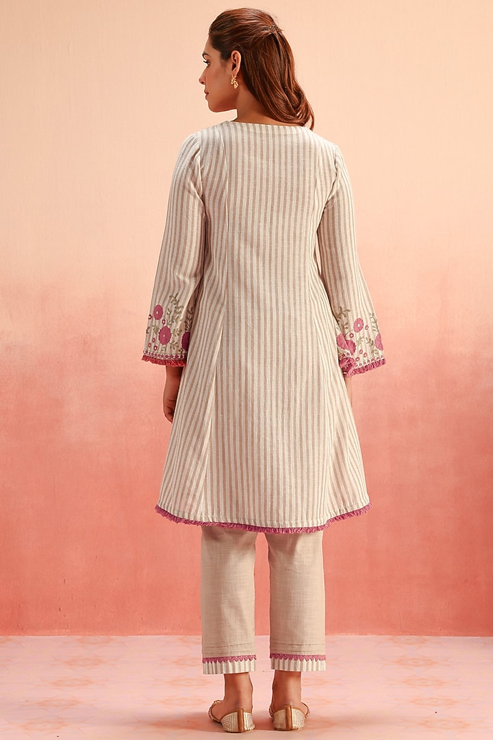 Beige Cotton Flax Striped Short A-Line Kurta Set by DOHR INDIA at Pernia's Pop Up Shop