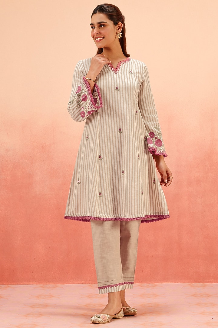 Beige Cotton Flax Striped Short A-Line Kurta Set by DOHR INDIA at Pernia's Pop Up Shop