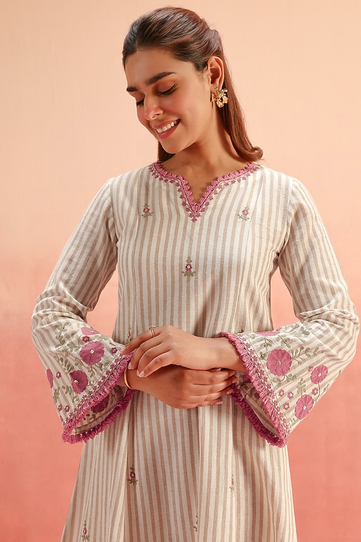 Beige Cotton Flax Striped Short A-Line Kurta Set by DOHR INDIA at Pernia's Pop Up Shop